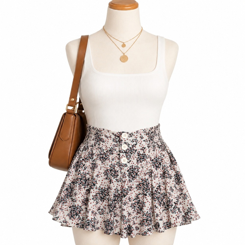 Free People Floral Smocked Back Skort White Red Black Size S Button Front Mini